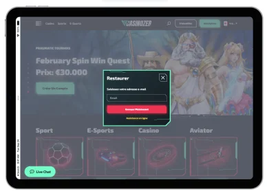 Interface de Casinozer montrant les jeux et paris sportifs